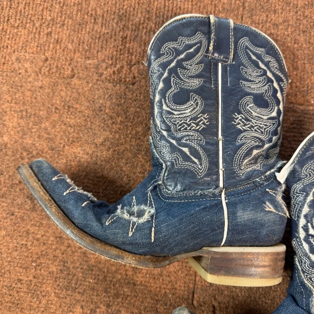 Old West Kids Distressed Blue Denim Cowboy Boots Pointed Toe Western Size 12 C+